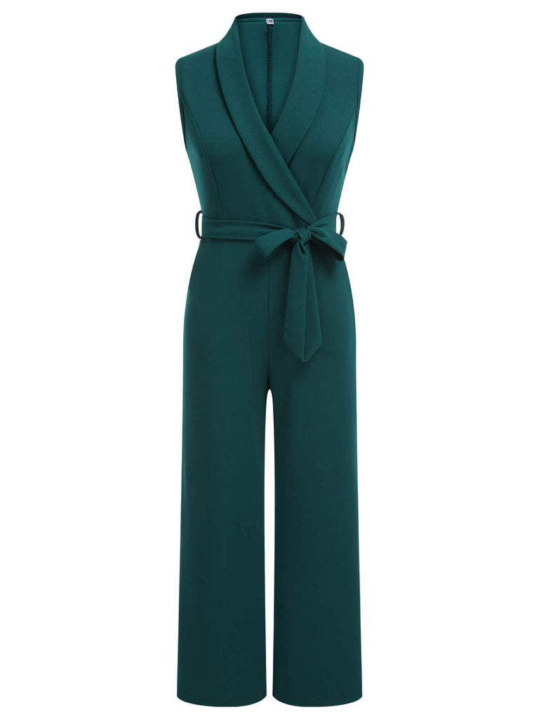 Green 1930s Solid Sleeveless Lapel Jumpsuit