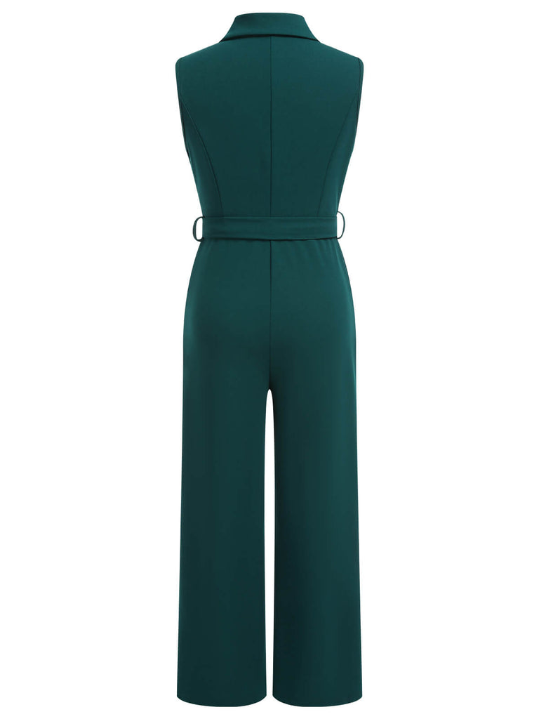 Green 1930s Solid Sleeveless Lapel Jumpsuit
