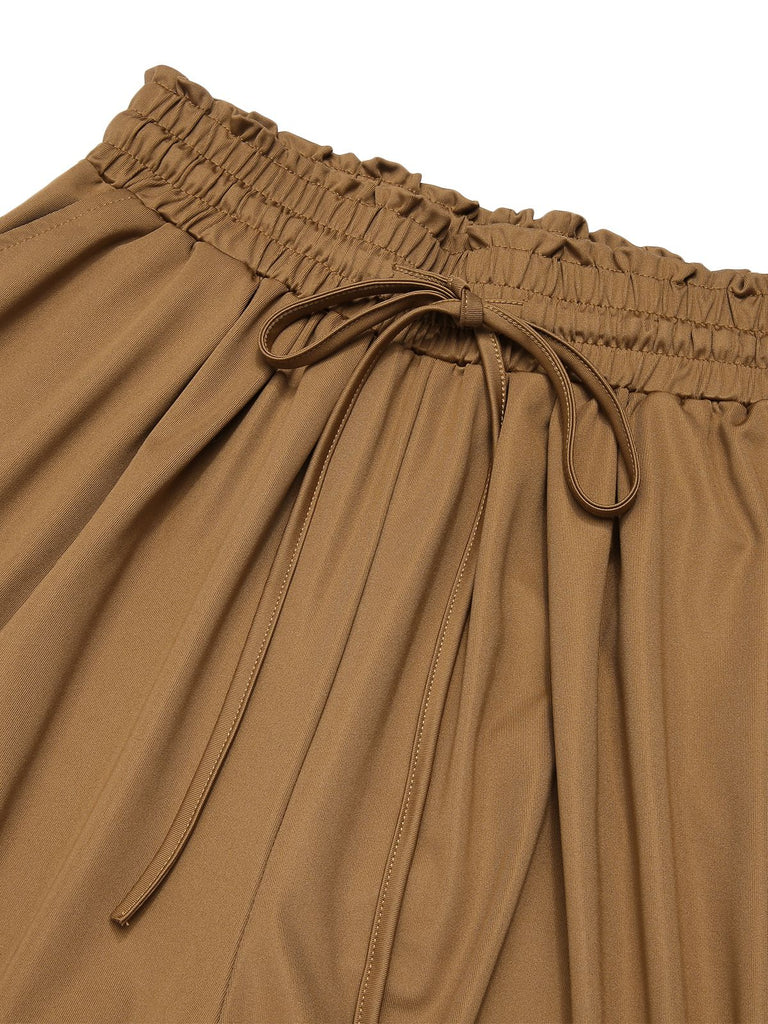 Brown 1930s Solid Shirred Waist Straight Pants