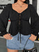 [Plus Size] Black 1950s Solid V-Neck Lace-Up Blouse