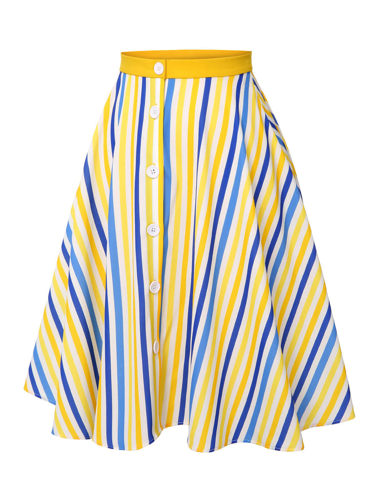 1950s Yellow White Blue Striped Button Skirt
