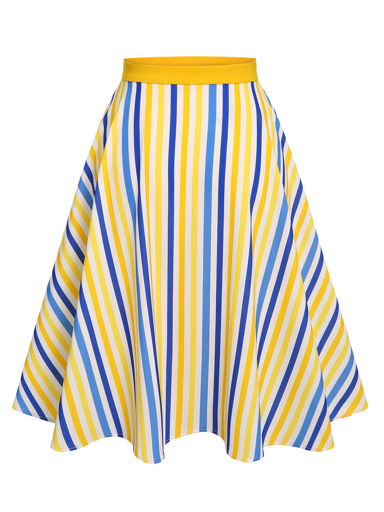 1950s Yellow White Blue Striped Button Skirt