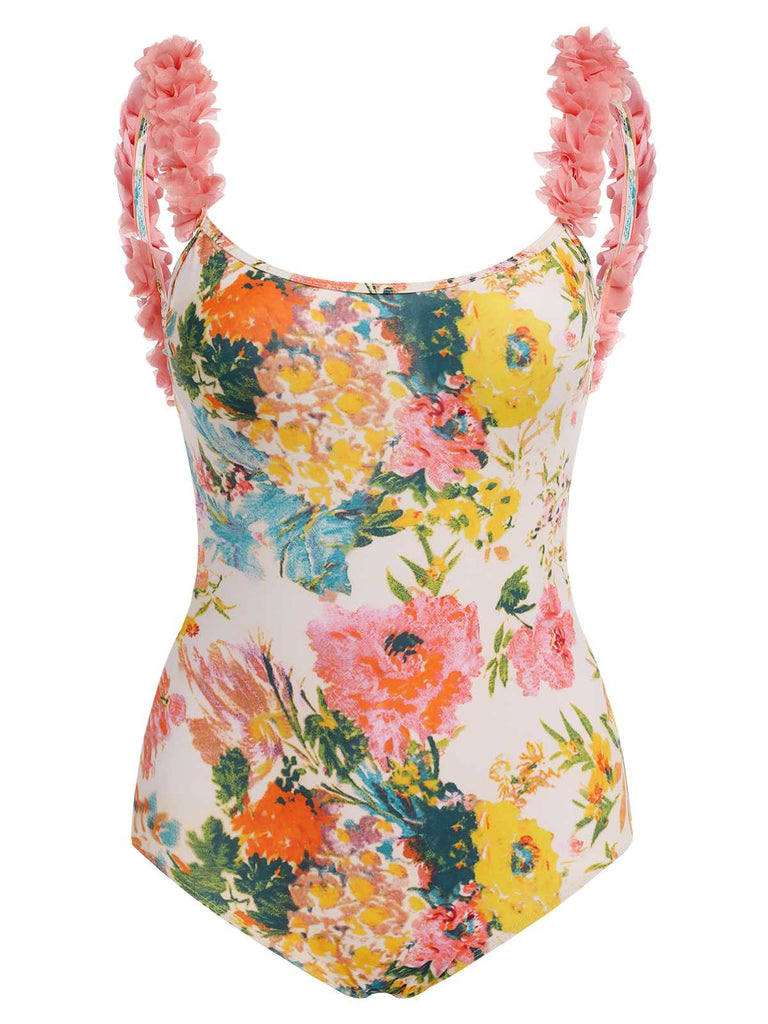 1930s 3D Floral Strap Backless One-Piece Swimsuit