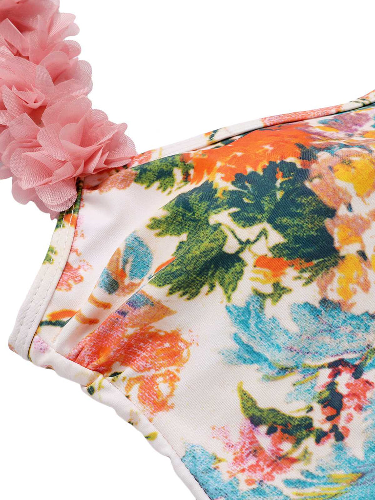 1930s 3D Floral Strap Backless One-Piece Swimsuit