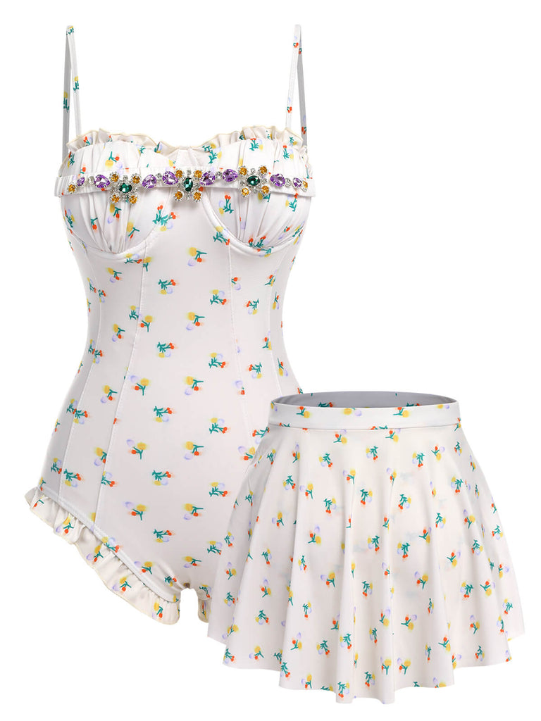 2PCS Beige 1950s Floral One-Piece Swimsuit & Skirt