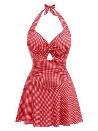 Red 1930s Plaid Halter One-Piece Swimsuit