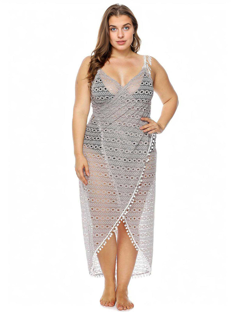 [Plus Size] Light Gray 1960s Hollow Fringe Cover-Up