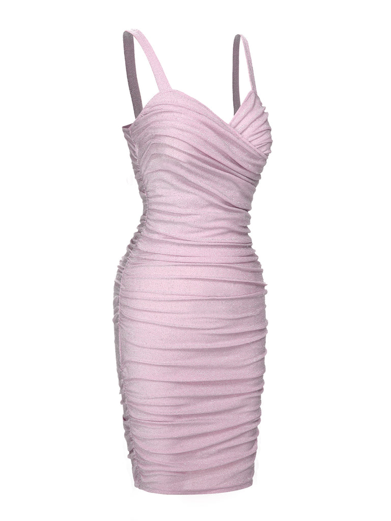 Pink 1960s Solid Glitter Pleated Strap Dress