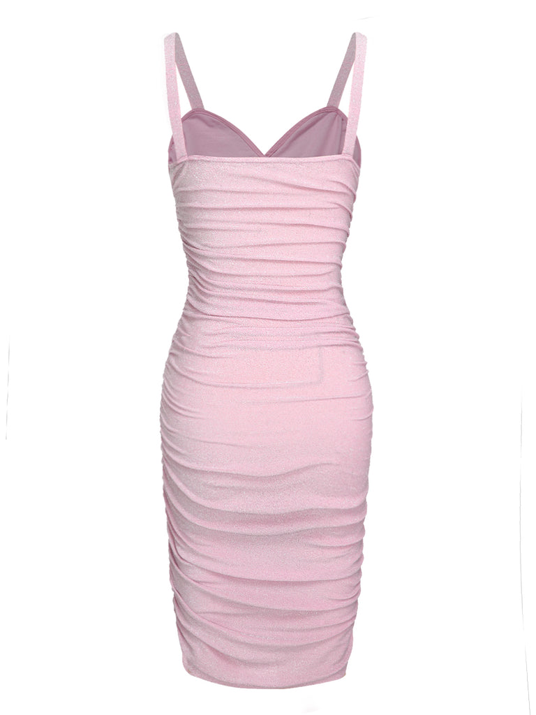 Pink 1960s Solid Glitter Pleated Strap Dress