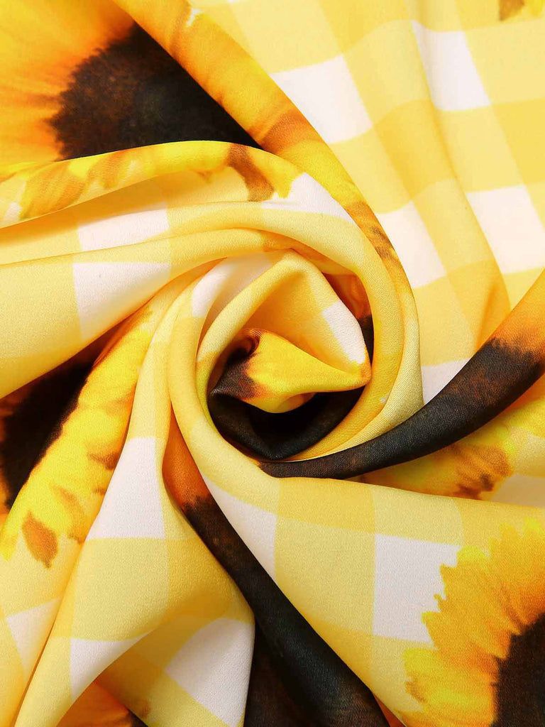 Yellow 1950s Sunflower Plaid Halter Dress