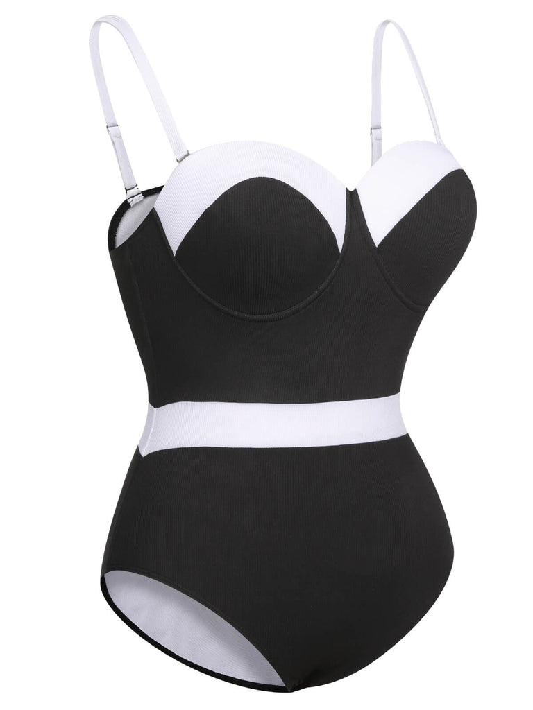 [Plus Size] Black & White 1950s Patchwork Strap Swimsuit