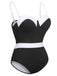 [Plus Size] Black & White 1950s Patchwork Strap Swimsuit