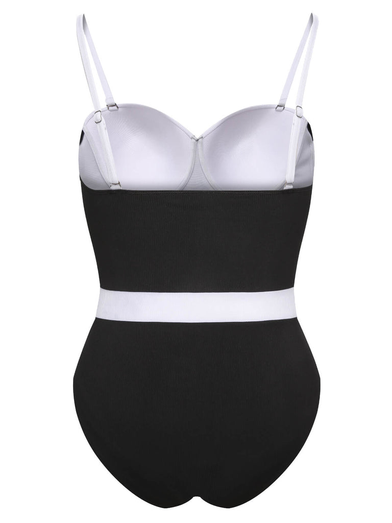 [Plus Size] Black & White 1950s Patchwork Strap Swimsuit