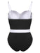 [Plus Size] Black & White 1950s Patchwork Strap Swimsuit