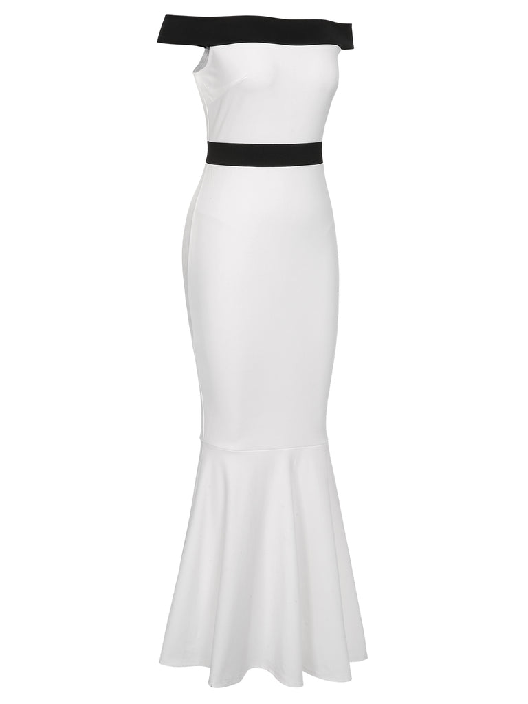 White 1930s Off-Shoulder Fishtail Dress