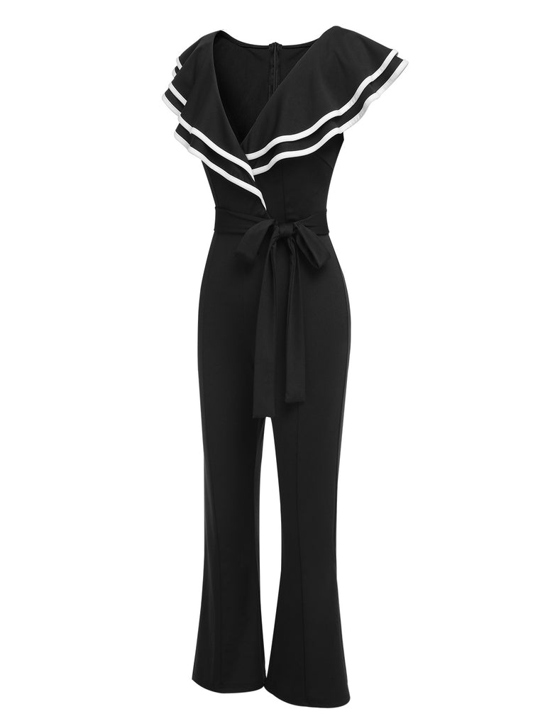 Black 1930s Ruffle Lapel Bootcut Jumpsuit