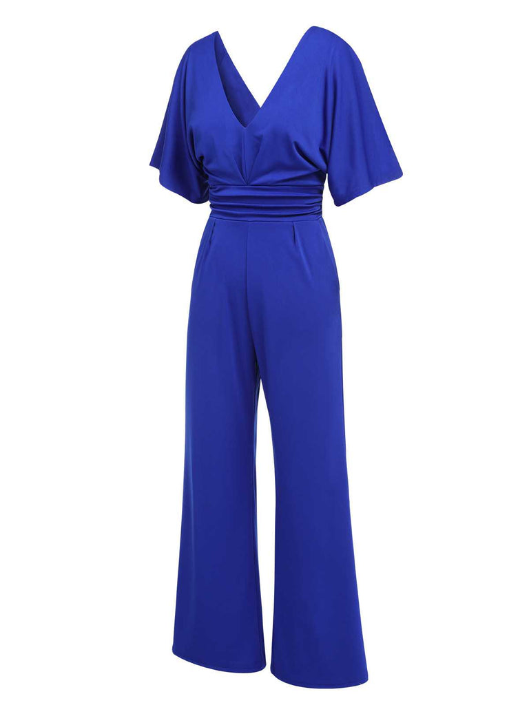 1930s V-Neck Knitted Solid Jumpsuit