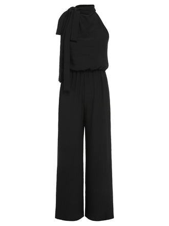 Black 1930s Solid Stand Collar Tie-Up Jumpsuit