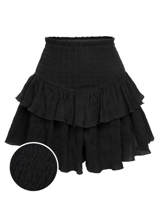 Black 1950s Ruffles Solid Shorts
