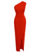 Red 1960s One Shoulder Slit Long Dress