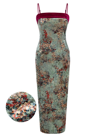 Green 1960s Floral Velvet Spaghetti Strap Dress