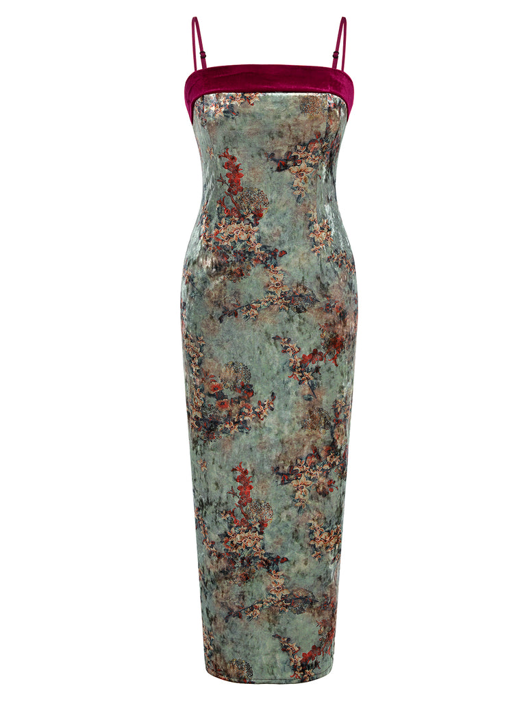 Green 1960s Floral Velvet Spaghetti Strap Dress