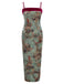 Green 1960s Floral Velvet Spaghetti Strap Dress