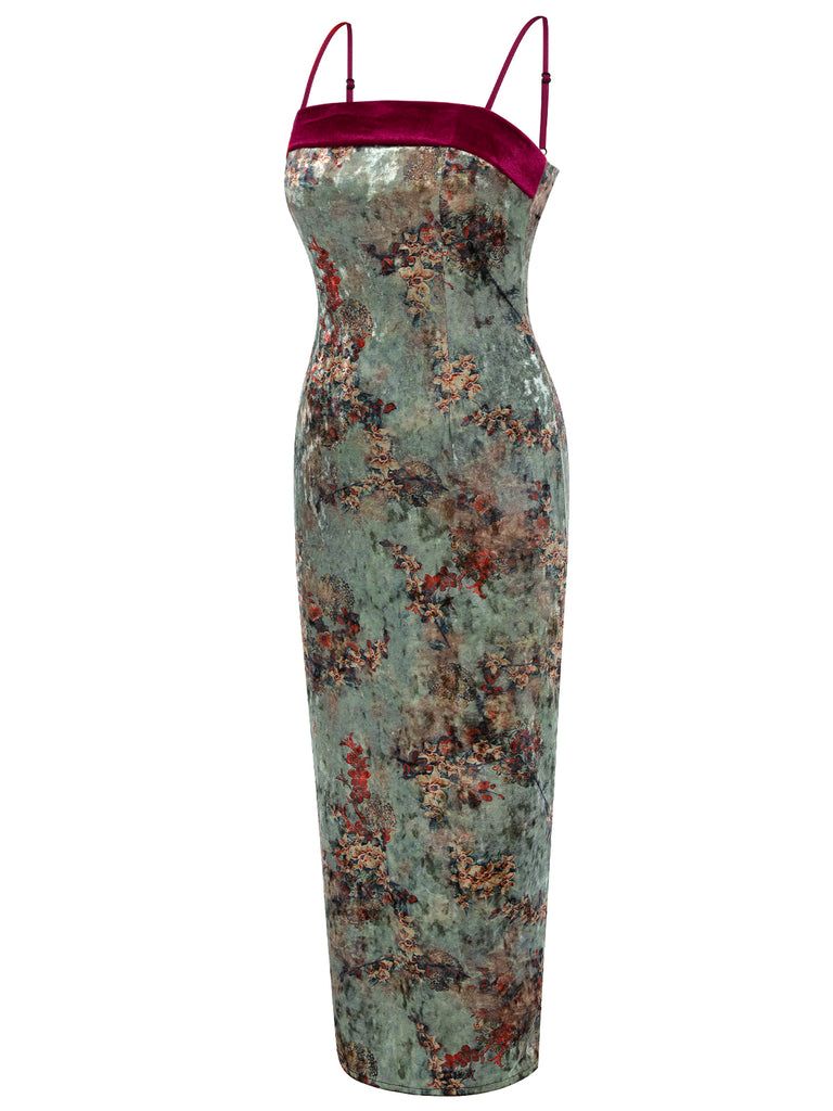 Green 1960s Floral Velvet Spaghetti Strap Dress