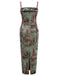 Green 1960s Floral Velvet Spaghetti Strap Dress