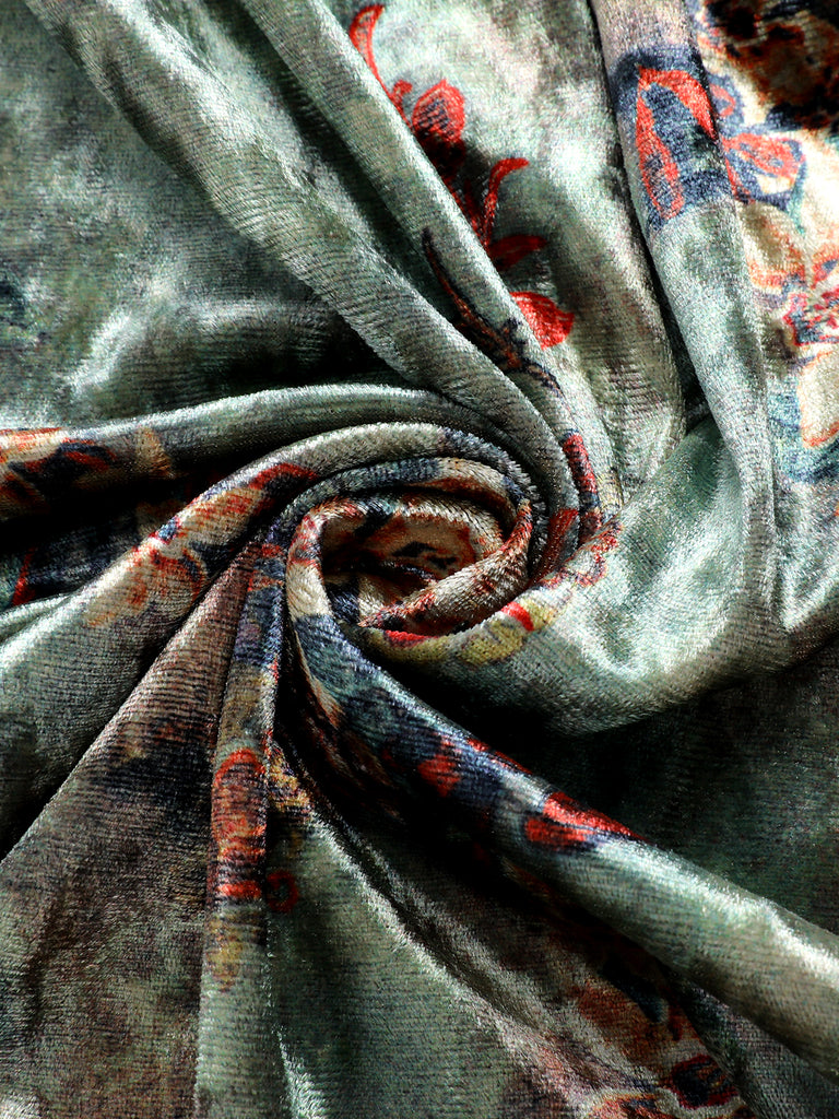 Green 1960s Floral Velvet Spaghetti Strap Dress