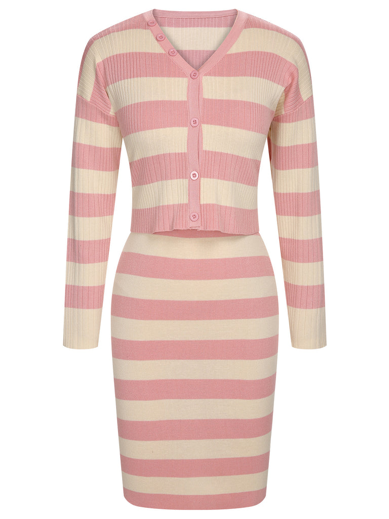 1960s Contrast Striped Knitted Jacket & Dress Suit