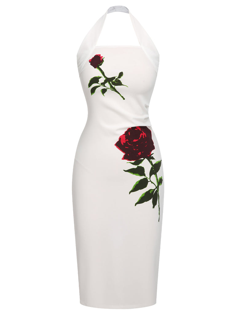 White 1960s Halter Rose Wrap Dress