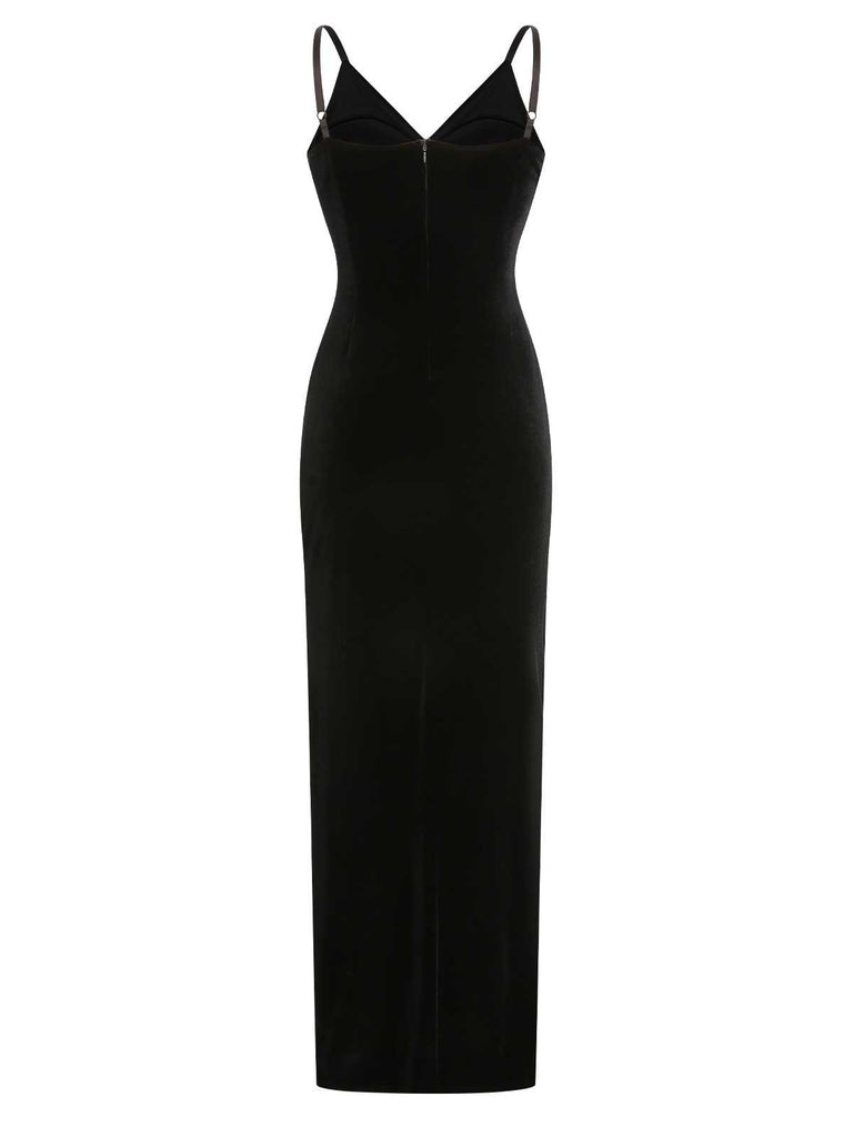 Black 1960s Spaghetti Strap Velvet Beading Dress
