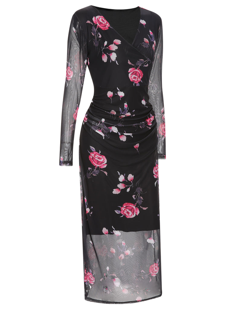 Black 1960s V-Neck Floral Mesh Dress