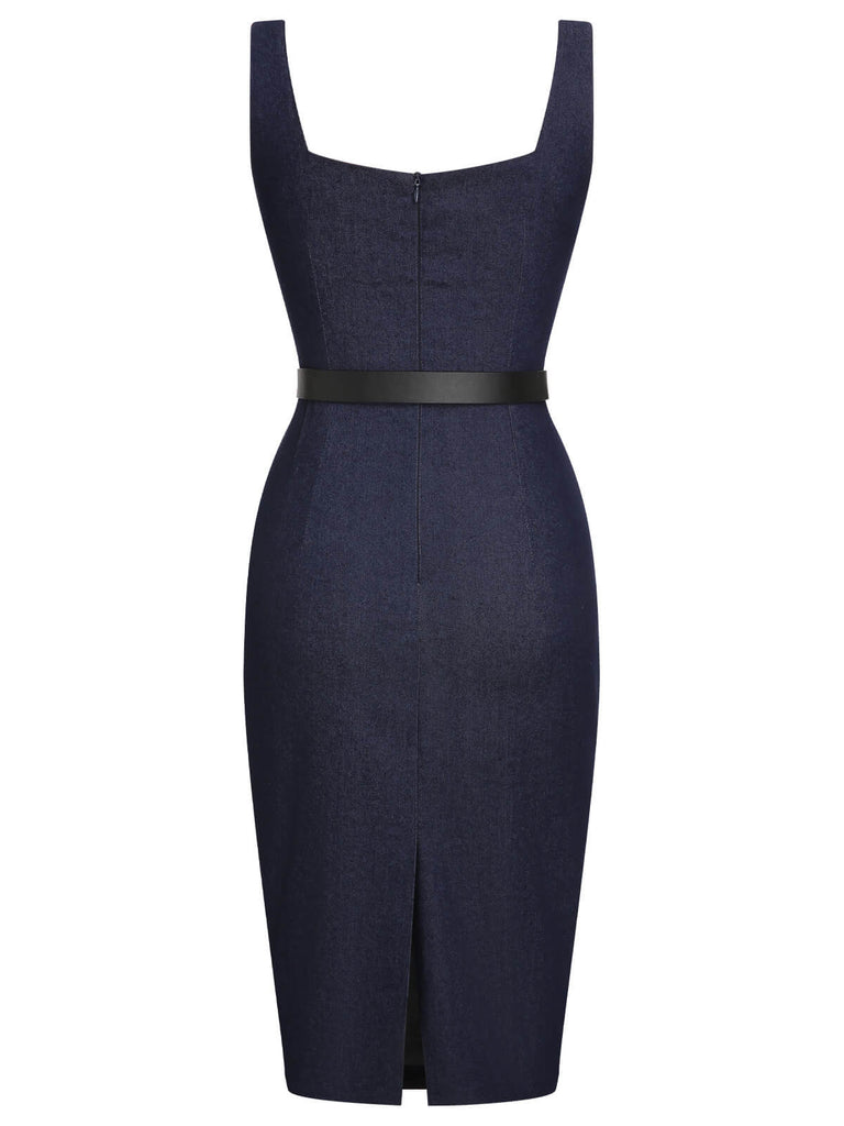 Blue 1960s Solid Square Neck Cowboy Dress