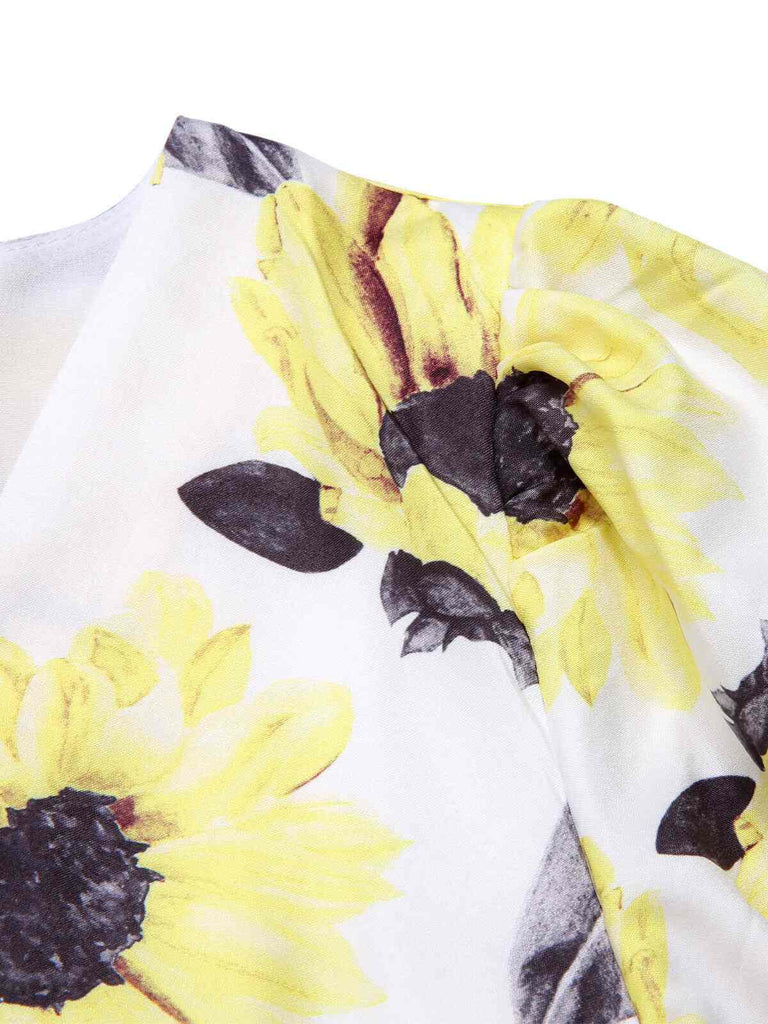 Multicolor 1960s Floral Sunflower V-Ausschnitt Dress
