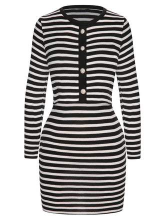 2PCS 1960s Black White Striped Knit Strap Dress & Cardigan