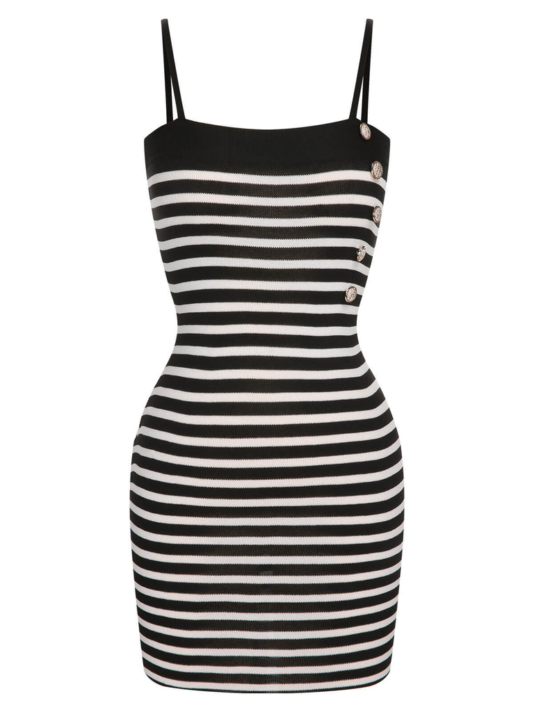 2PCS 1960s Black White Striped Knit Strap Dress & Cardigan