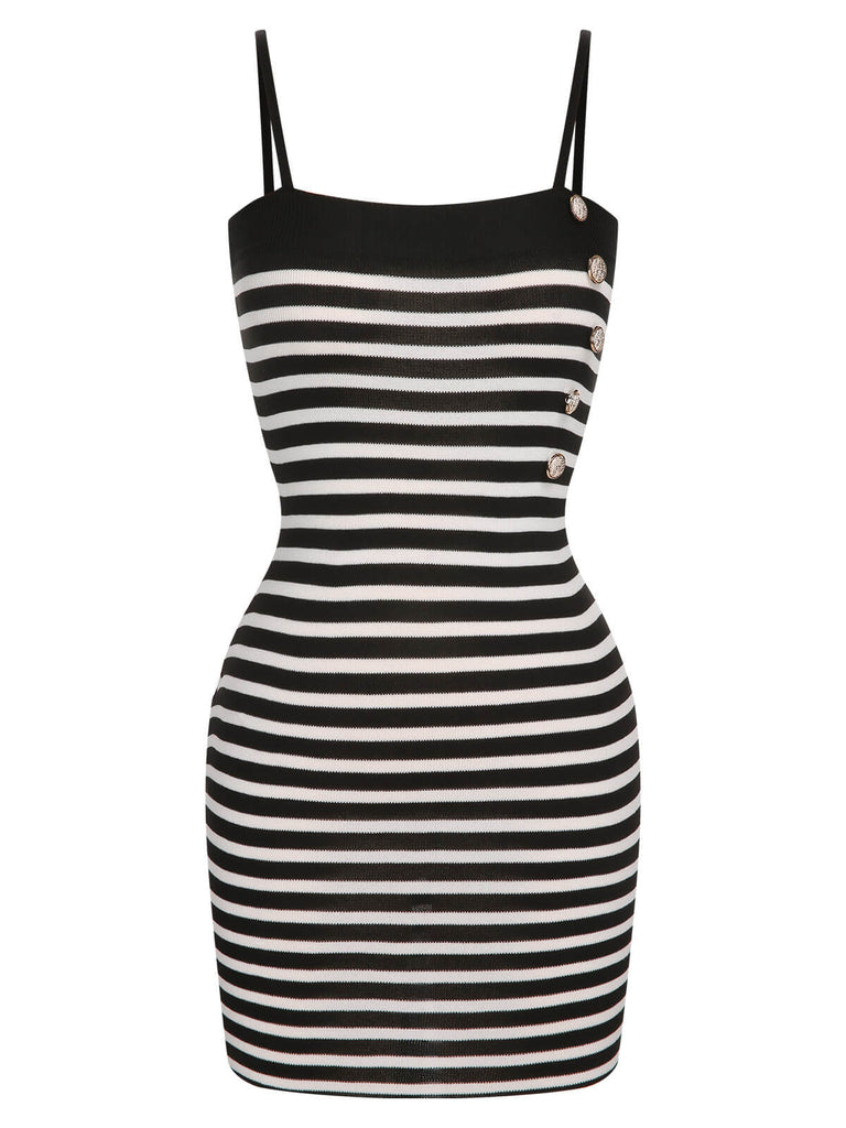 2PCS 1960s Black White Striped Knit Strap Dress & Cardigan