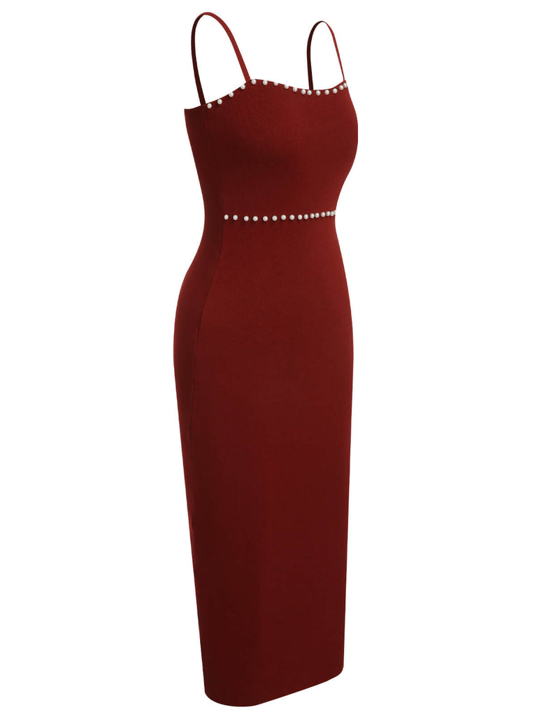 Red 1960s Solid Pearl Knitted Sling Dress