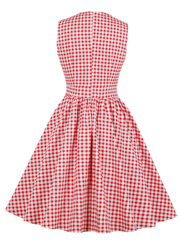 1950s Plaid Bow Pockets Lapel Dress