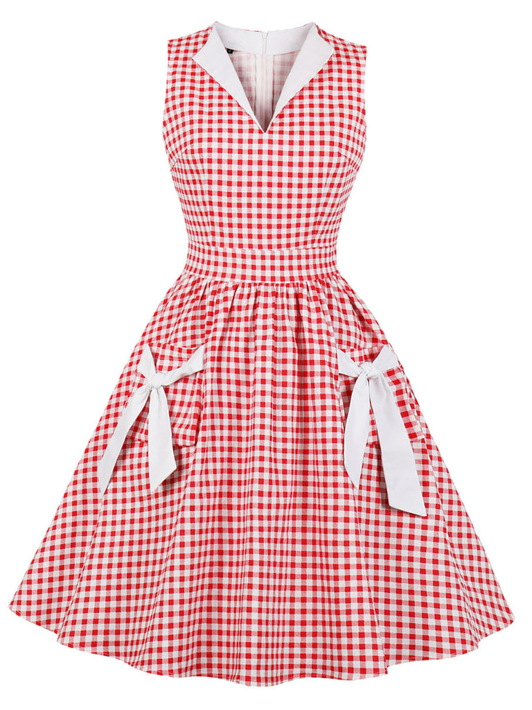 1950s Plaid Bow Pockets Lapel Dress