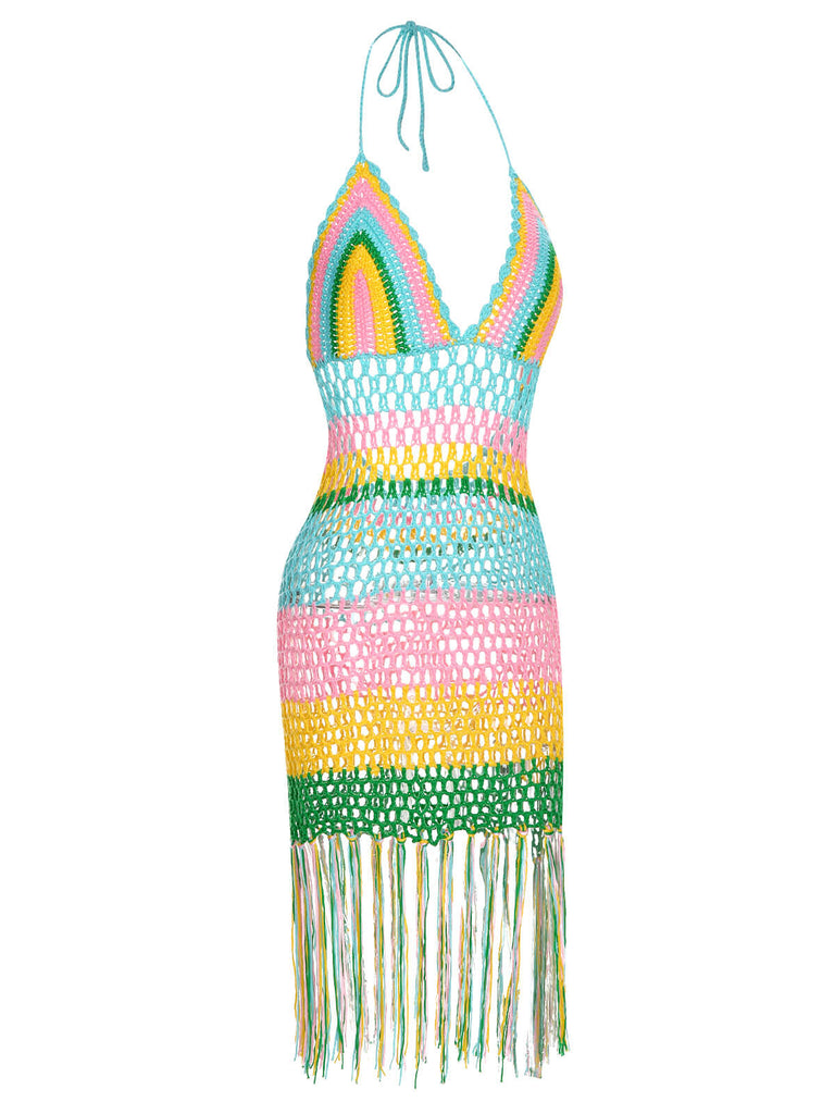1960s Handmade Crochet Tassel Halter Cover-Up