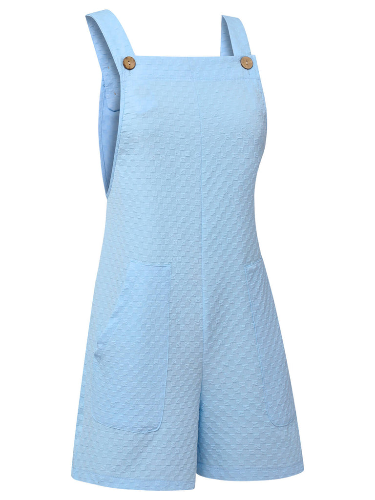 Light Blue 1950s Solid Checkerboard Textured Romper