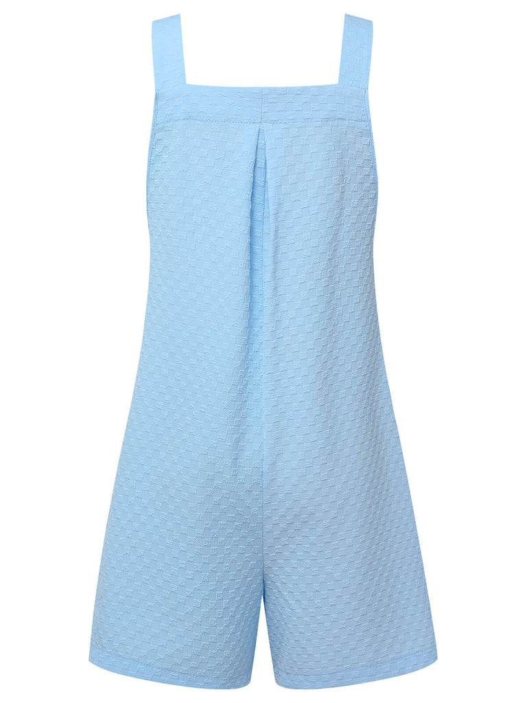 Light Blue 1950s Solid Checkerboard Textured Romper