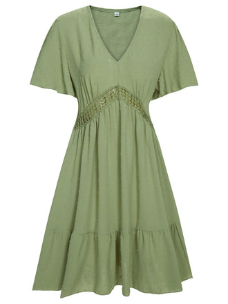 1970s Solid V-Neck Splicing Lace Flare Dress