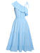 Blue 1940s One-Shoulder Sleeveless Ruffles Dress