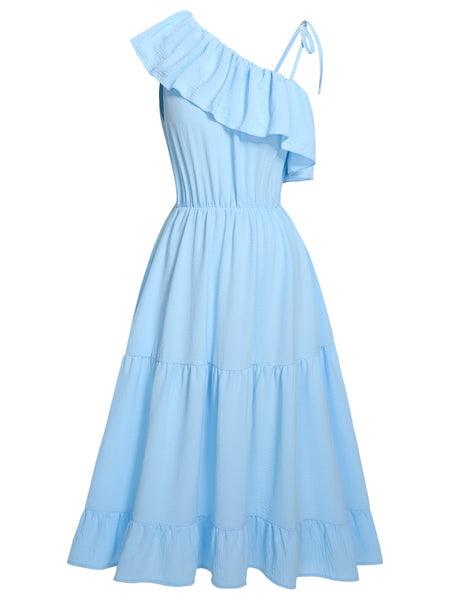 Blue 1940s One-Shoulder Sleeveless Ruffles Dress | Retro Stage