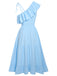 Blue 1940s One-Shoulder Sleeveless Ruffles Dress