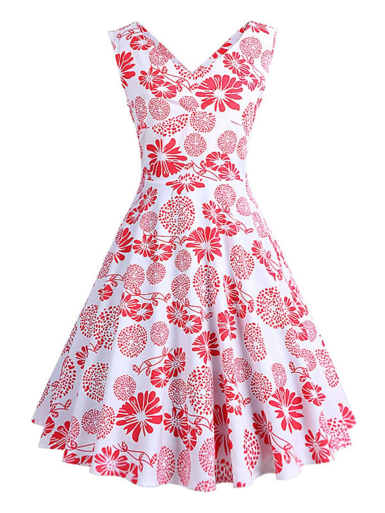 1950s V-Neck All Over Print Swing Dress